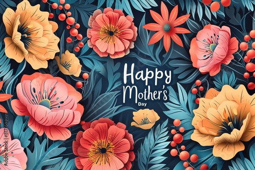 Happy Mothers Day with vibrant flowers and leaves. Generative Ai