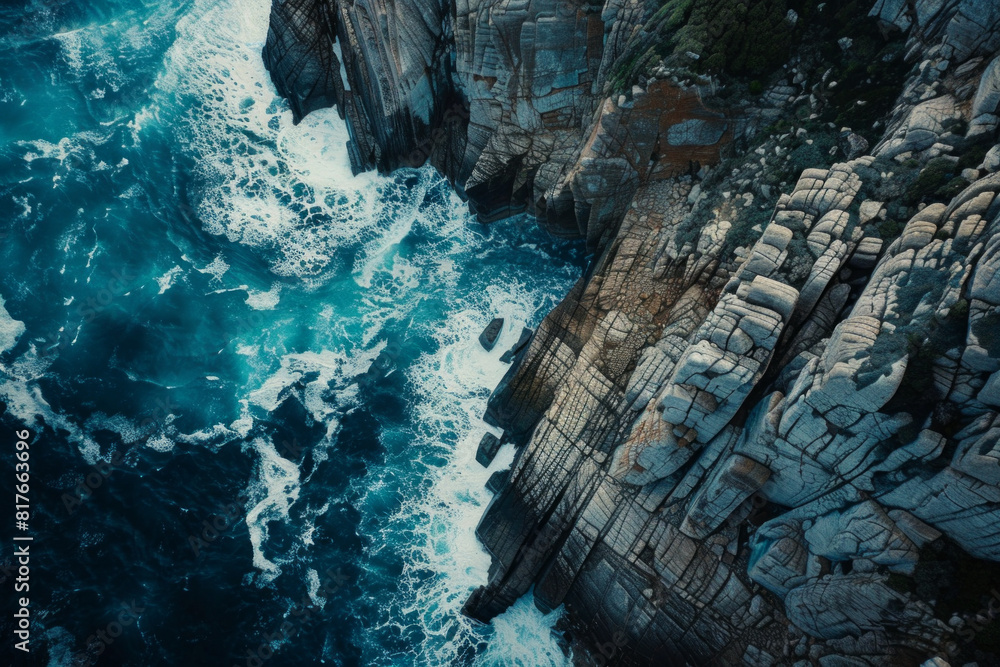 An aerial view of a rocky coastline, with waves crashing against the rugged cliffs, showcasing the contrast between smooth and rough textures. An aerial view of a rocky coastline, with waves crashing against the rugged cliffs, showcasing the contrast between smooth and rough textures.