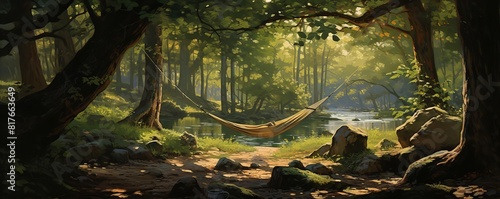 A hammock hangs between two trees in a forest. The hammock is empty. The sun shines through the trees. A river flows through the forest. The forest is green and lush.
