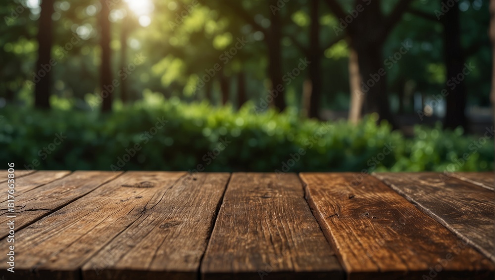 Empty brown wooden table top with green trees and sunlight in background. Grunge tabletop template background for presentation and advertisement of products. Mockup. Empty brown wooden table top with green trees and sunlight in background. Grunge tabletop template background for presentation and advertisement of products. Mockup.