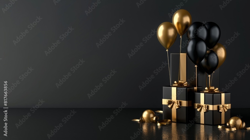 Elegant Black Gold Gift Box with Balloons and Ribbon on Black Background Elegant Black Gold Gift Box with Balloons and Ribbon on Black Background