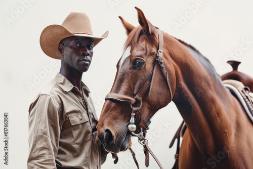 African American cowboy standing next to a brown horse in a medium shot © gankevstock