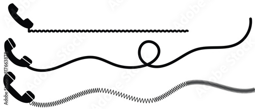 Telephone receiver with a cord. Phone handset with extension cord. Black silhouette isolated on a white background. EPS 10. vector illustraton