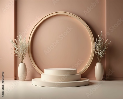 Brown luxury podium stage background for product display with flower fot and isolated 3D render photo