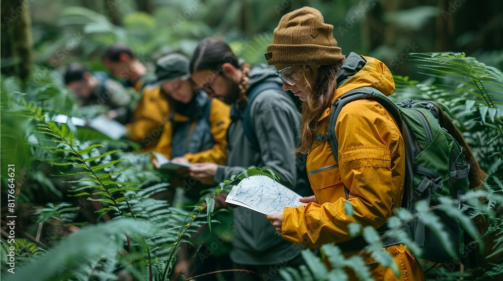 A group of people are hiking in the woods and one of them is looking at a map