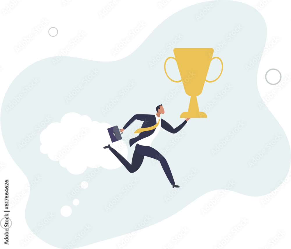 businessman with success trophy jump from think bubble to reality.flat vector illustration. businessman with success trophy jump from think bubble to reality.flat vector illustration.