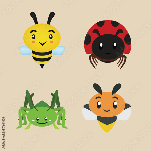 Cute Illustration of Garde Animas Bee  Ladybug  Grasshoppers and Fireflies