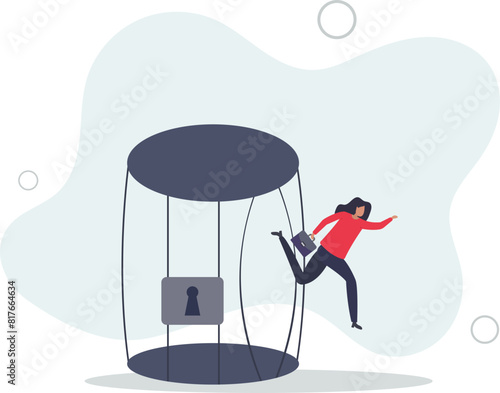courage businesswoman escape from bird cage .flat vector illustration.
