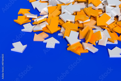 White and Yellow Arrows Stacked on a Blue Background. 3d Rendering