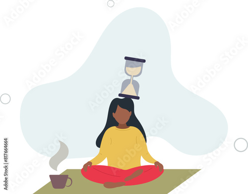 relax woman sitting with sandglass on her head practicing patience.flat vector illustration.
