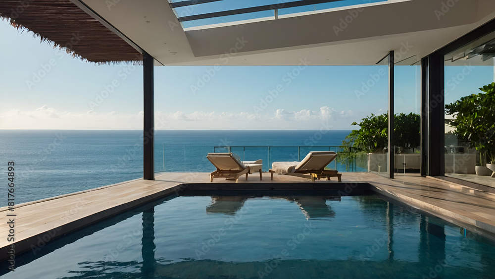 Fototapeta premium Sea view swimming pool in modern loft design,Luxury ocean Beach house