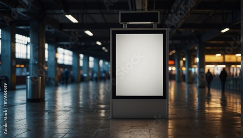 Mock up. Vertical advertising billboard, lightbox with empty digital screen on railway station. Blank white poster advertising, public information board stands at station. photo