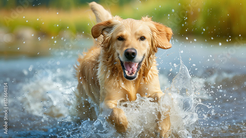 Golden Retriever Joyfully Splashing in Water. A vibrant photograph capturing a Golden Retriever joyfully splashing through water