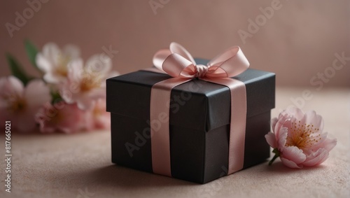 Small elegant present gift box with tiny pale pink satin ribbon decorated with blooming sakura flowers on pale pink background.