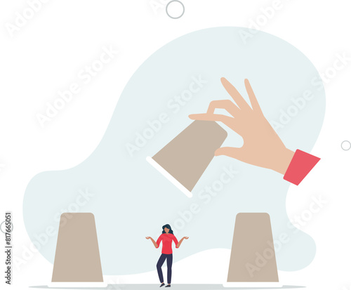 employer hand lifting up the chosen cup to choose candidate businesswoman from guess game cups.flat vector illustration.