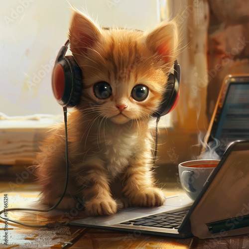 Chaton, chat en télétravail, travaille à la maison sur un clavier d'ordinateur, avec un micro casque © Loostik