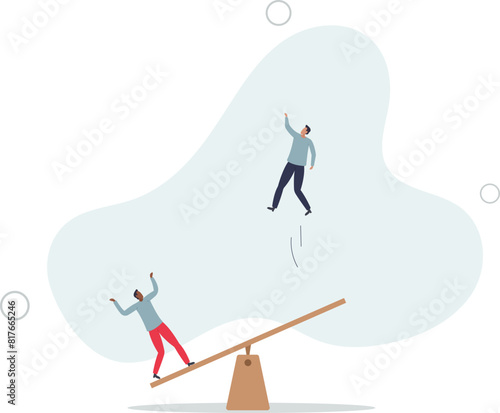 businessman manager jump on seesaw help colleague jump high to reach target.flat vector illustration.
