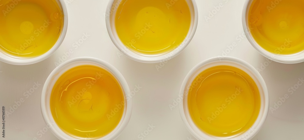 five yellow liquide in an five white pot taken from above isolated on white background five yellow liquide in an five white pot taken from above isolated on white background