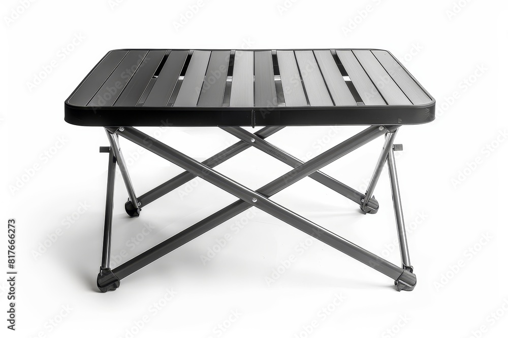 Aluminium camping table with folding slatted top on white background Aluminium camping table with folding slatted top on white background
