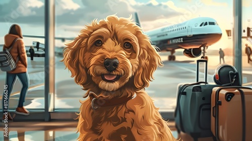 Adorable illustration of cute puppy at airport terminal, travelers and luggage airplane background, excitement and anticipation of travel with man's best friend, trendy modern 3d digital artwork.