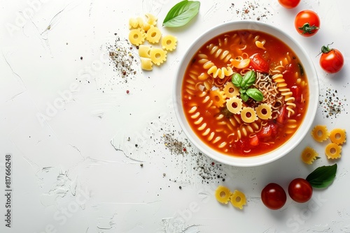 Alphabet pasta vegetable soup on white background top view Kid friendly minestrone