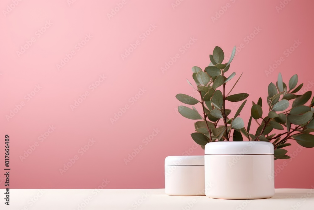 White plastic jar and eucalyptus branch on pink background, container for cosmetics White plastic jar and eucalyptus branch on pink background, container for cosmetics