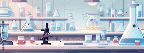 Banner for Chemistry Courses with Laboratory Setup,Microscope and Chemical Elements on Lab Background