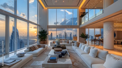 luxury architecture, interior of penthouse living room in Dubai, contemporary decor, designer furniture, floor-to-ceiling windows, breathtaking views of the city skyline landmark tower background.