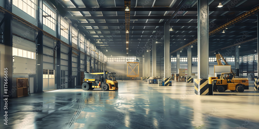 Industrial warehouse interior with heavy machinery and bright sunlight during the day Industrial warehouse interior with heavy machinery and bright sunlight during the day