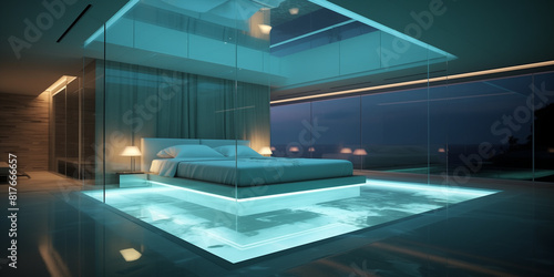 A minimalist bedroom with a glass floor  offering a view of an indoor swimming pool below  accented with subtle underwater lighting for a serene and calming ambiance. 