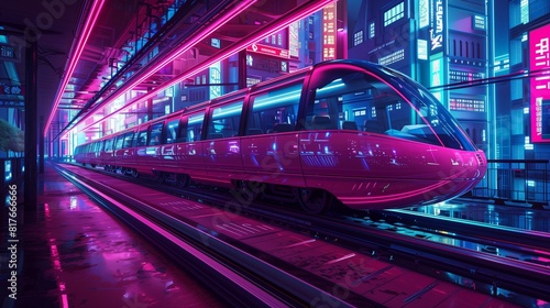 Futuristic magenta monorail passing through a neon-lit metropolis, copy space on left side.