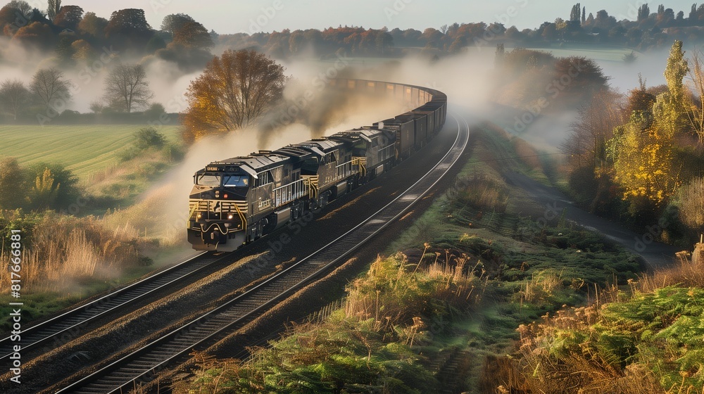 Fototapeta premium Glistening charcoal freight train crossing a misty countryside, ample text space on left.