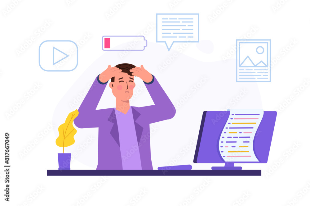 Burnout concept, featuring an exhausted office worker sitting at a desk. Frustrated employee dealing with mental health issues. Vector illustration in flat style. Burnout concept, featuring an exhausted office worker sitting at a desk. Frustrated employee dealing with mental health issues. Vector illustration in flat style.