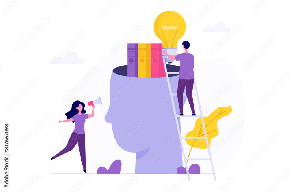 Put book in head concept. Upskill and learn new things for knowledge development and improved job qualifications. Man places light bulb ideas, books, into a human head to enhance working skills. Put book in head concept. Upskill and learn new things for knowledge development and improved job qualifications. Man places light bulb ideas, books, into a human head to enhance working skills.