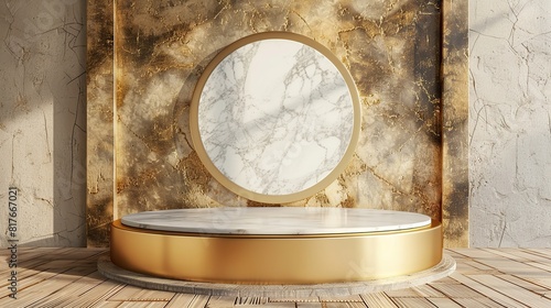 Gold marble display podium for luxury product advertising on a beautiful beige background