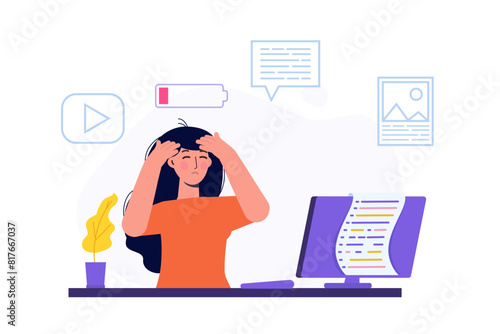 Burnout concept, featuring an exhausted office worker sitting at a desk. Frustrated employee dealing with mental health issues. Vector illustration in flat style.