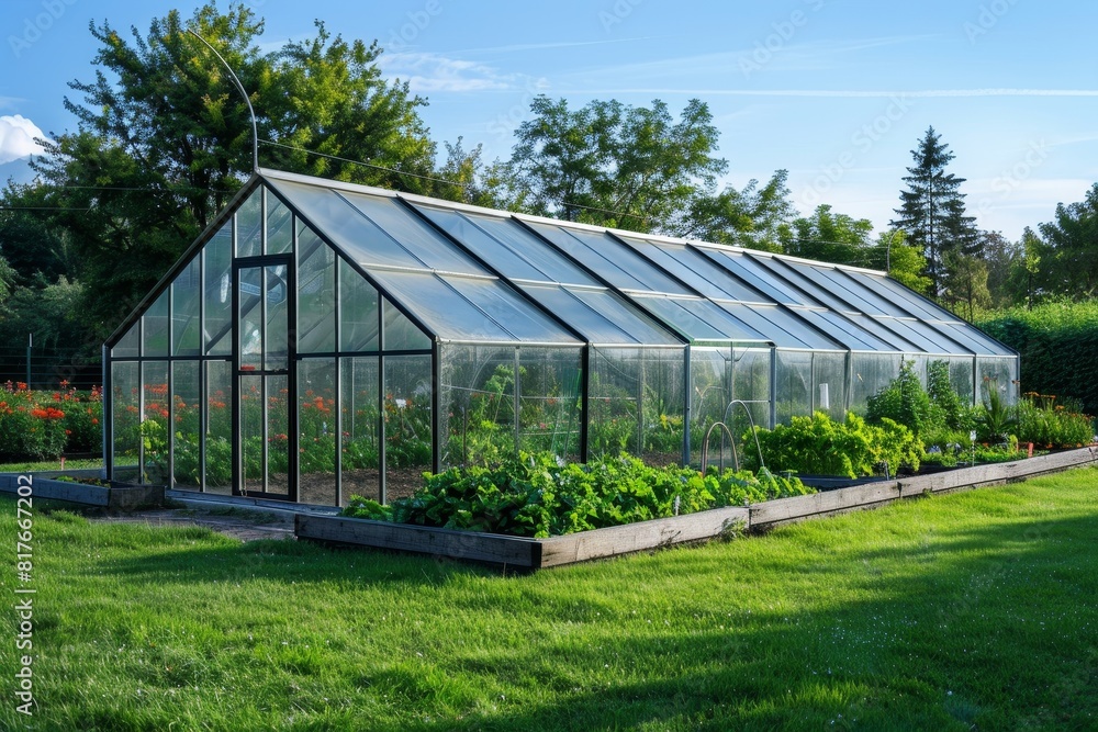An outdoor greenhouse on green grass blocks insects from damaging organic vegetables An outdoor greenhouse on green grass blocks insects from damaging organic vegetables