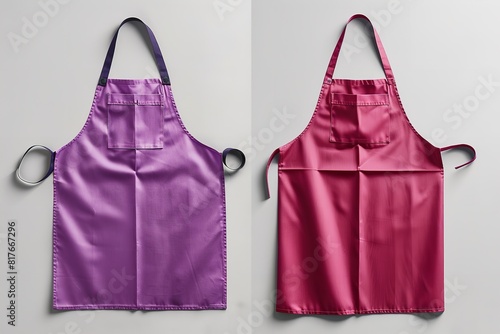 Two sets of blank pink, purple, and magenta restaurant aprons. Generative Ai © Imran