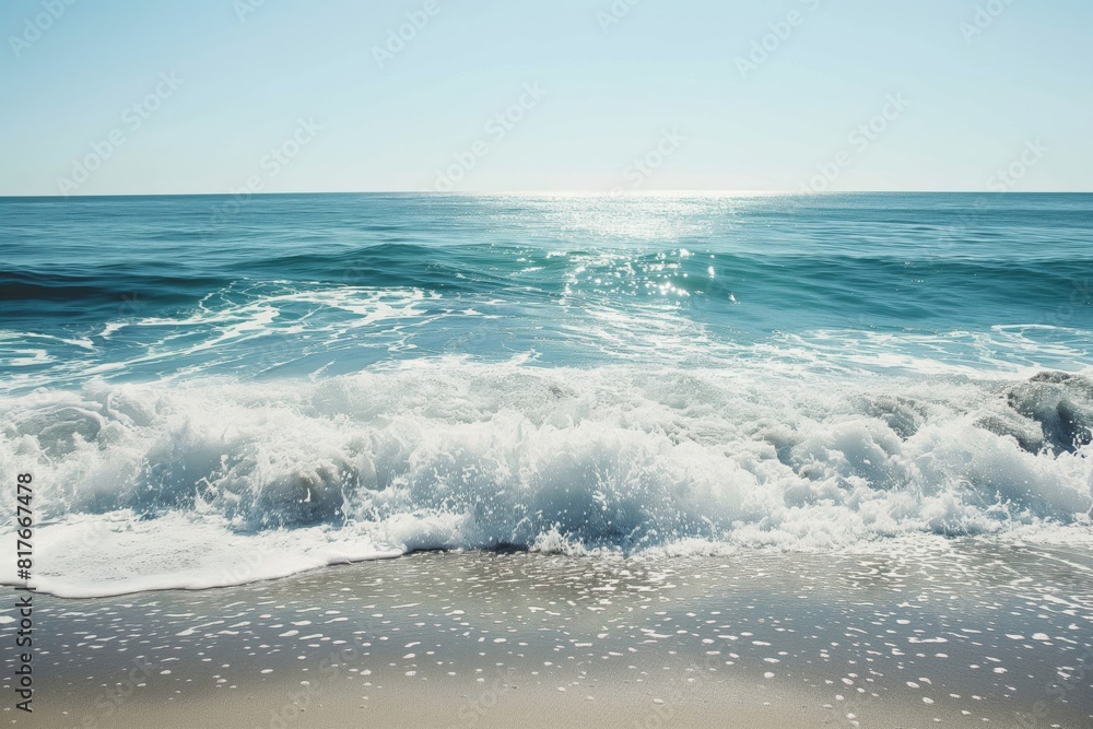 Minimalist coastal scene with gentle waves rolling onto the shore under a clear blue sky, evoking tranquility and natural beauty Minimalist coastal scene with gentle waves rolling onto the shore under a clear blue sky, evoking tranquility and natural beauty