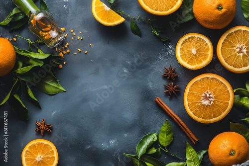 Top view of fresh oranges, citrus leaves, and spice accents on dark background, symbolizing health and immunity