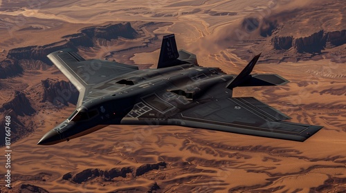 Jet black stealth bomber flying over a desolate desert landscape, left side for copy space.