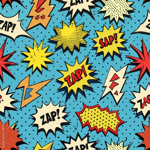 Seamless pattern of comic dots with comic book onomatopoeia like ZAP!, WHAM!, and KA-POW!, perfect for wrapping gifts for comic book enthusiasts, Generative AI