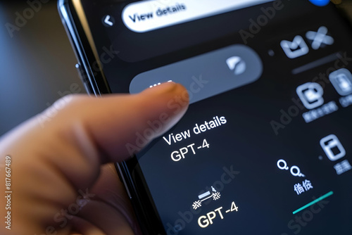 Closeup of View Details Button with GPT-4o Text on App Screen, Finger Hovering to Tap
 photo