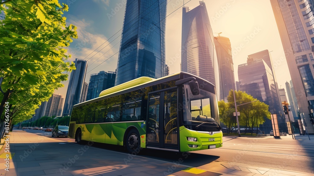 Obraz premium Leaf green eco-friendly electric bus in a modern cityscape at noon, text space on the left.