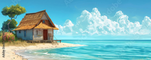 A simple beach hut with a thatched roof and a small porch, overlooking a serene ocean photo