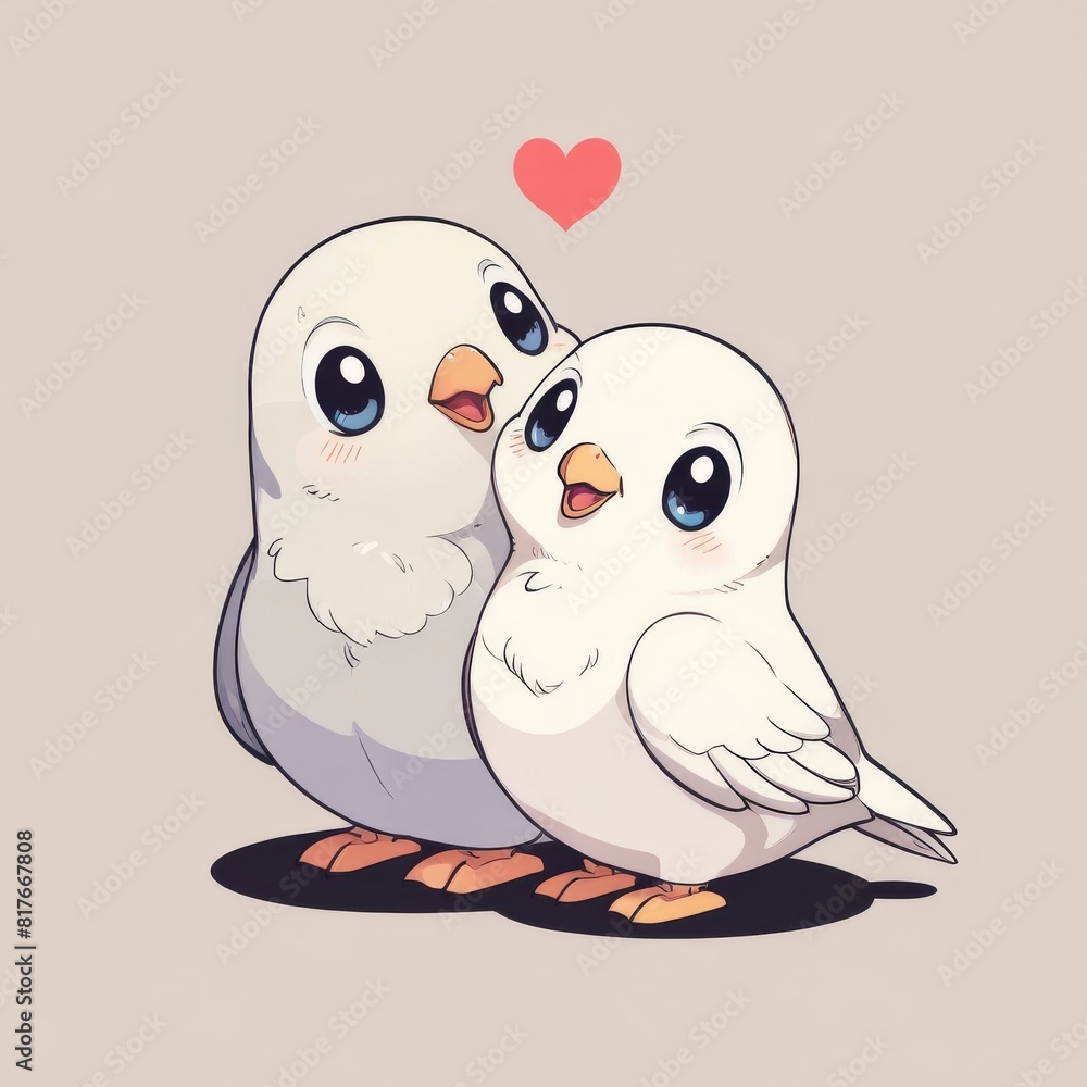 Two white birds are sitting next to each other with a heart in the middle Two white birds are sitting next to each other with a heart in the middle