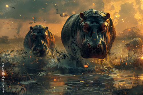 Illustrate the chaotic skirmish between rival hippo bulls vying for dominance over a riverbank, their glowing eyes betraying their ferocious intent photo