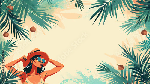 Cartoon clipart of a colorful beach party invitation enclosed by a playful palm tree border with coconuts