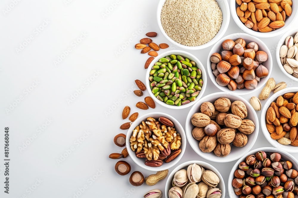 Array of nuts in bowls on white background top view with copy space Assortment includes pecans hazelnuts walnuts pistachios almonds pine nuts peanuts pumpkin see Array of nuts in bowls on white background top view with copy space Assortment includes pecans hazelnuts walnuts pistachios almonds pine nuts peanuts pumpkin see