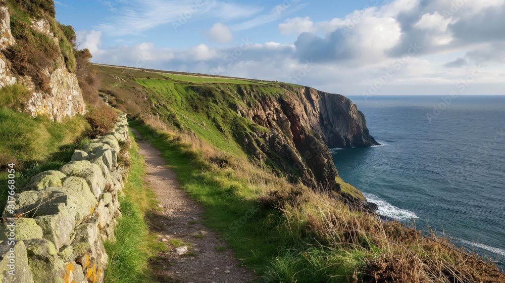 Scenic coastal path winds along steep rugged cliffs with a panoramic ocean view under a clear sky Scenic coastal path winds along steep rugged cliffs with a panoramic ocean view under a clear sky